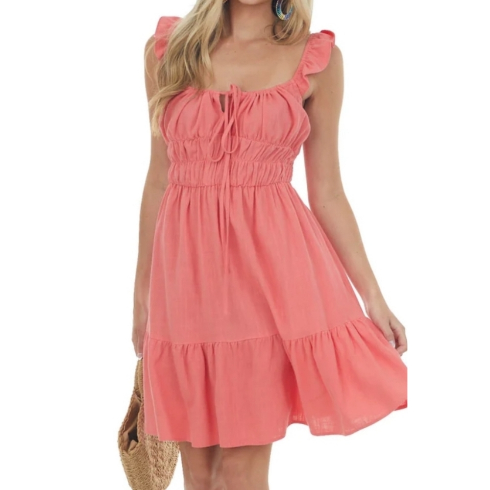 40 Coral round neck elastic smocked waist tiered flowy babydoll dress - Picture 6 of 8